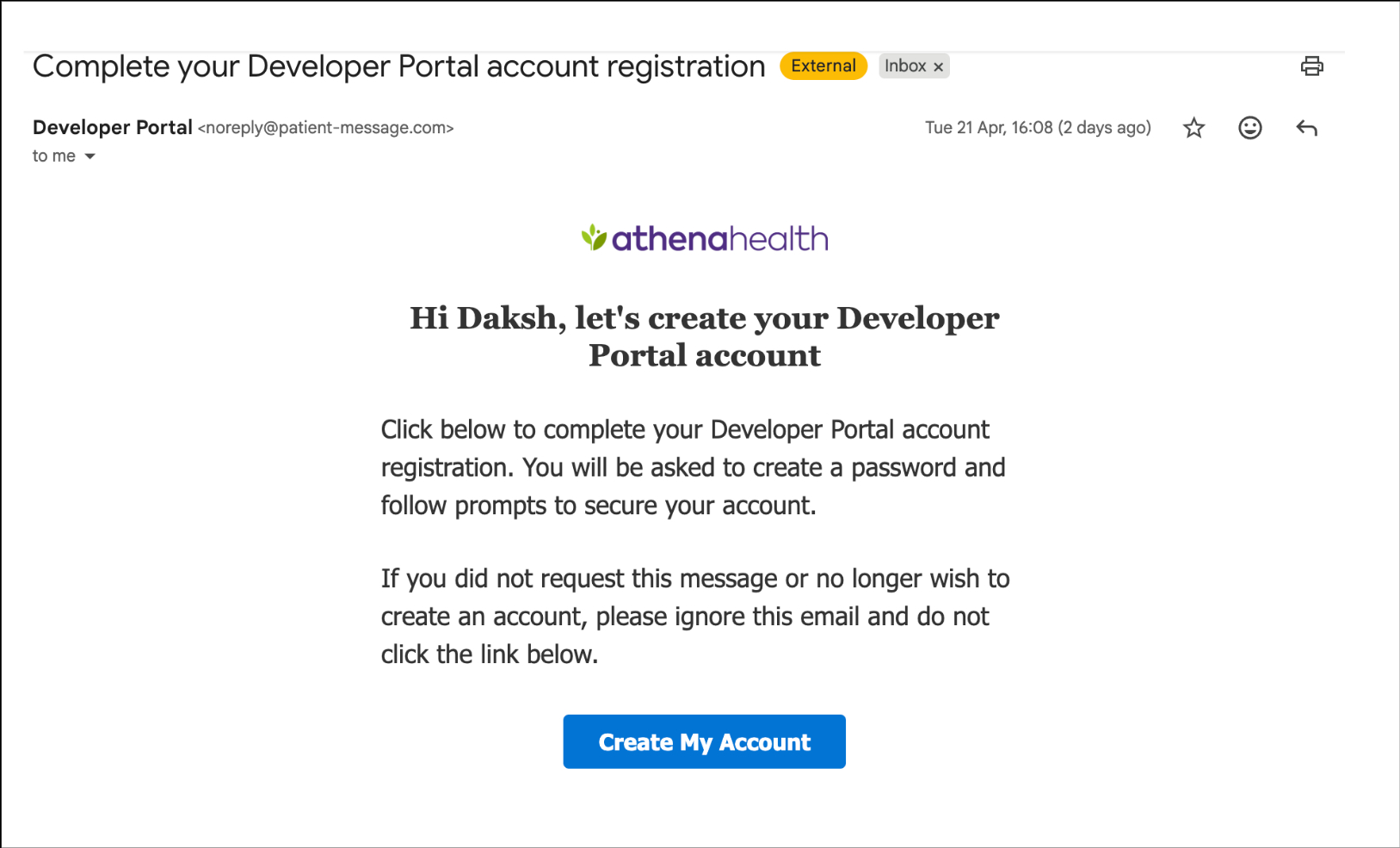 Athena signup mail